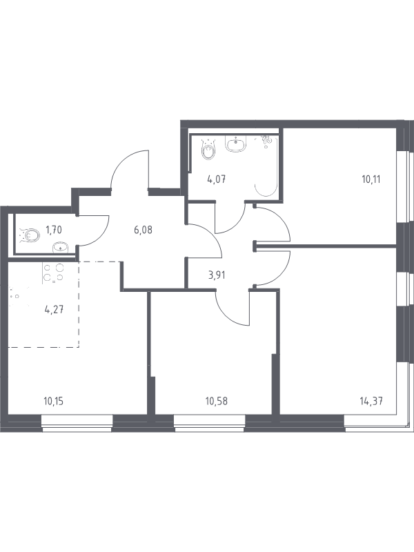 3-комнатная квартира, 65.24 м² - планировка, фото №1