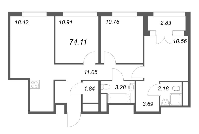 4-комнатная (Евро) квартира, 74.11 м² - планировка, фото №1