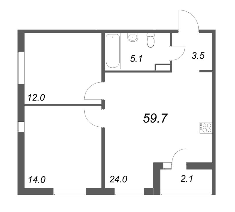 3-комнатная (Евро) квартира, 59.7 м² в ЖК "Дзета" - планировка, фото №1