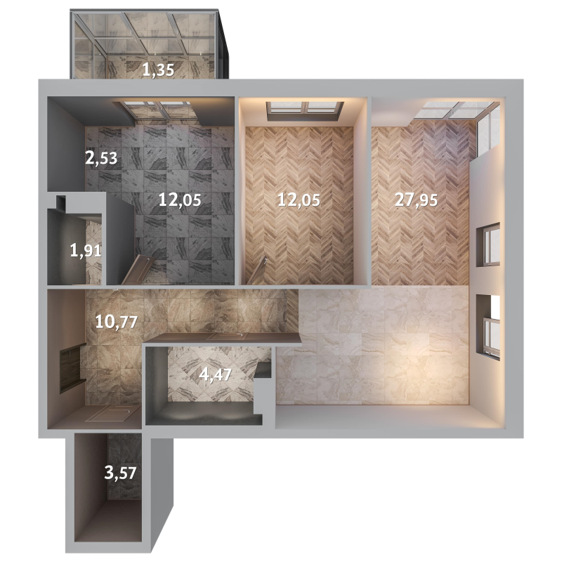 3-комнатная (Евро) квартира, 76.65 м² - планировка, фото №1