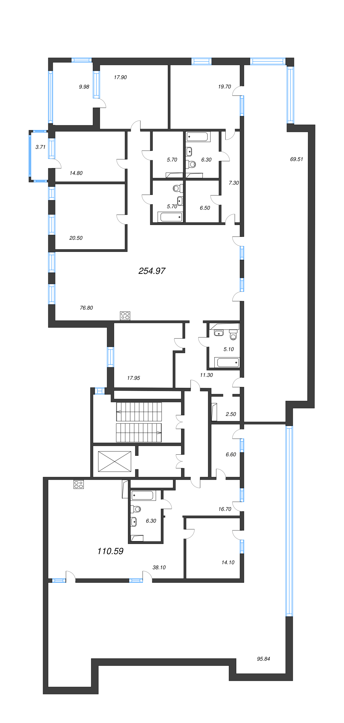 6 ккв (Евро), 255 м² в ЖК "Манхэттэн" - планировка этажа