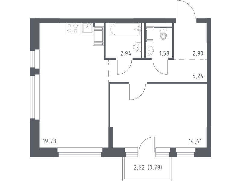 2-комнатная (Евро) квартира, 47.79 м² - планировка, фото №1