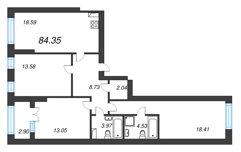3-комнатная квартира, 84.35 м² - планировка, фото №1