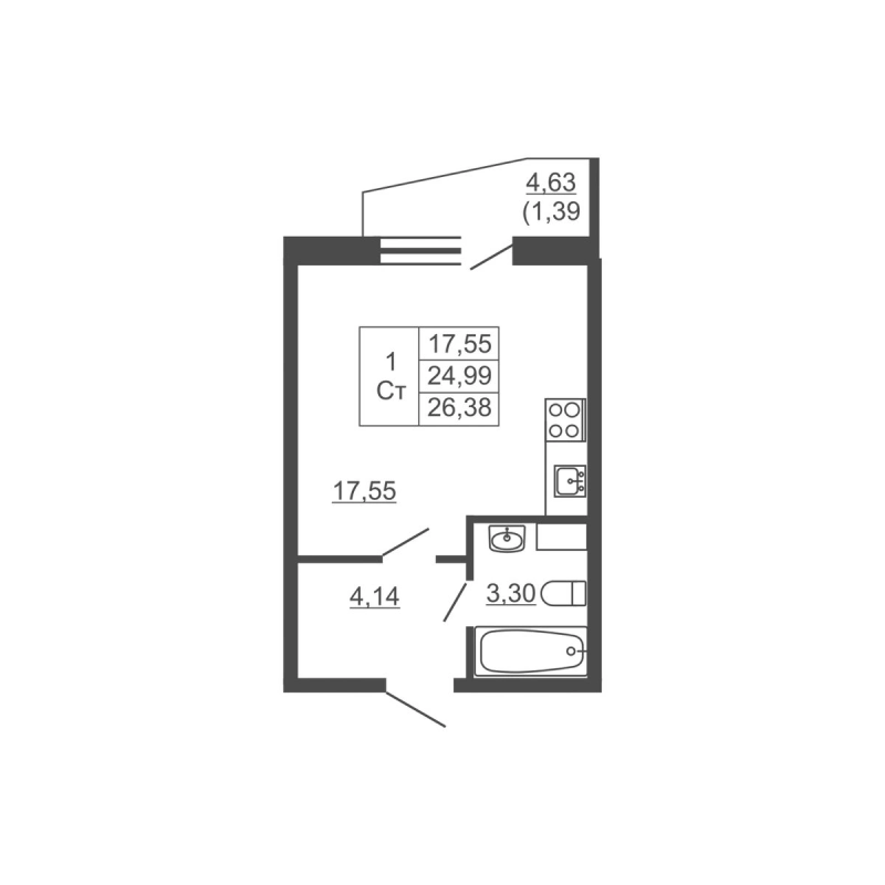 Квартира-студия, 26.38 м² в ЖК "Тандем" - планировка, фото №1