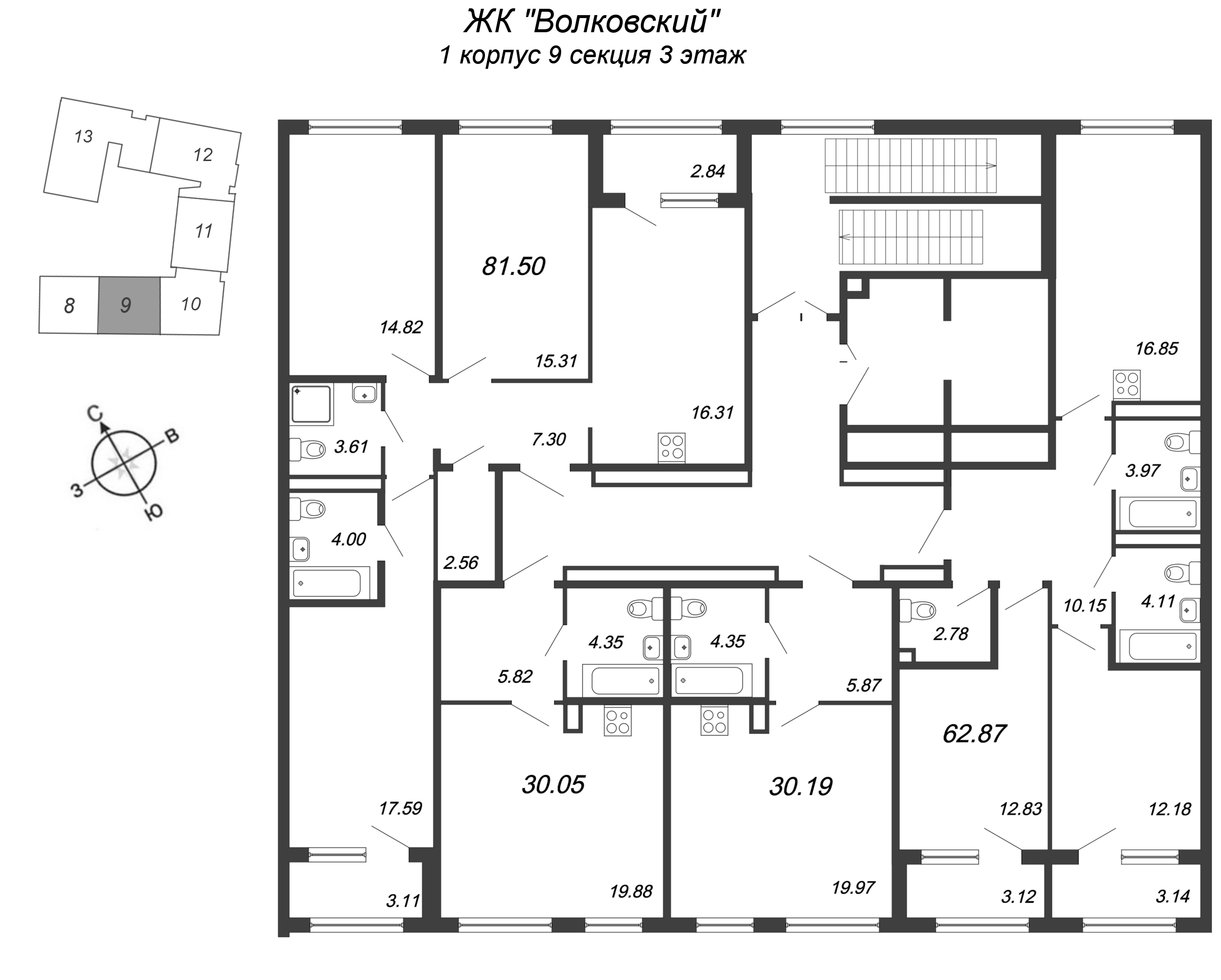 Квартира-студия, 30.19 м² в ЖК "Волковский" - планировка этажа