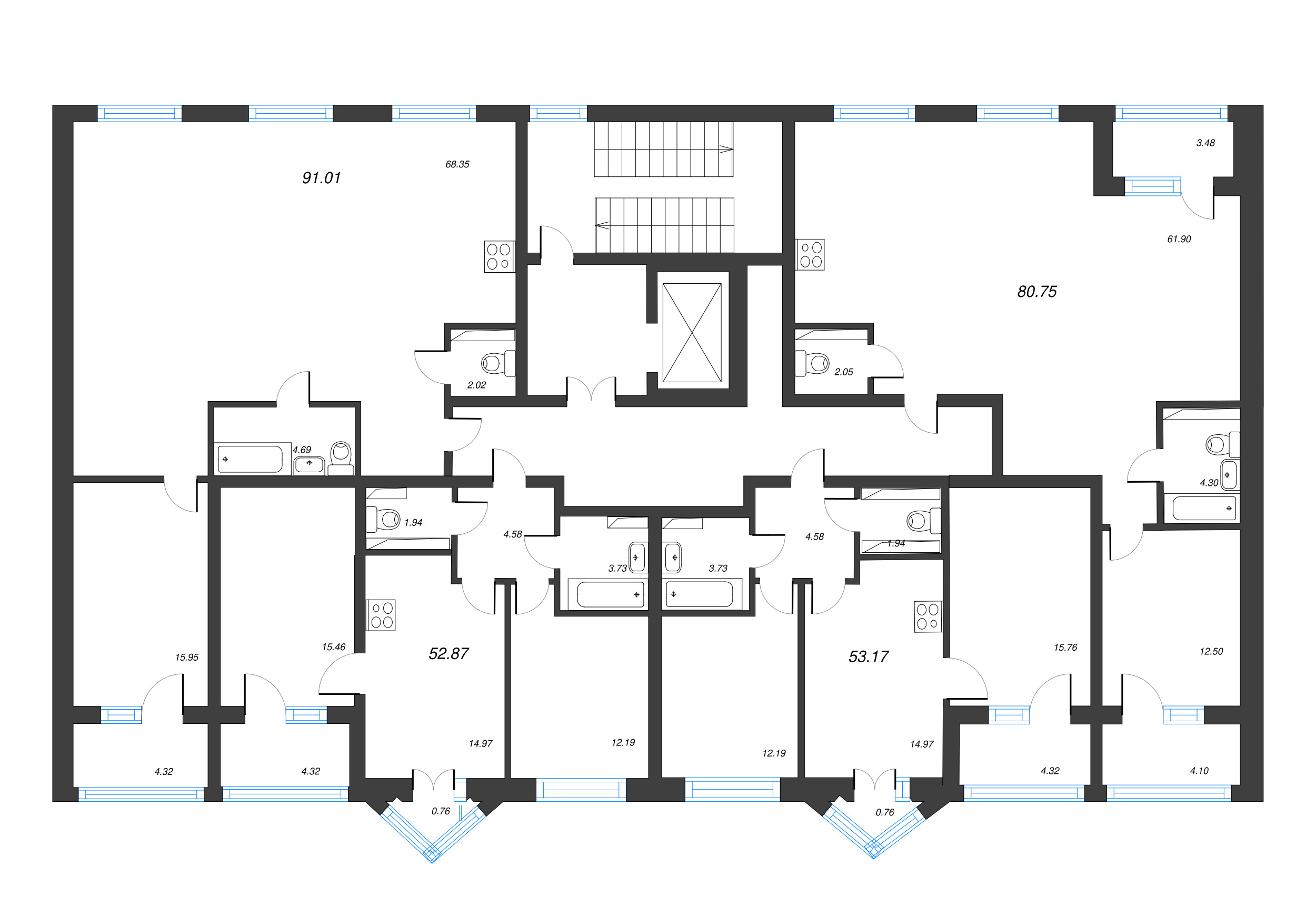 2-комнатная квартира, 54.4 м² в ЖК "Кронфорт. Центральный" - планировка этажа