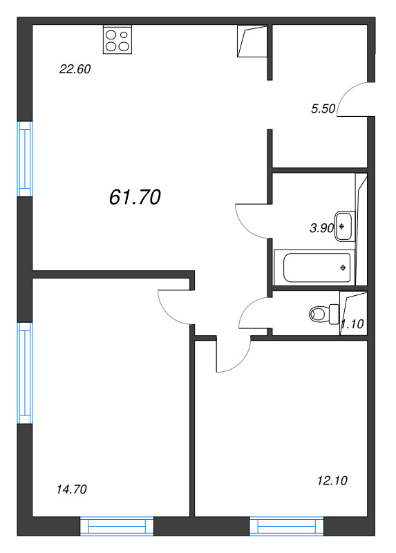 3-комнатная (Евро) квартира, 61.7 м² в ЖК "Руднева 15" - планировка, фото №1