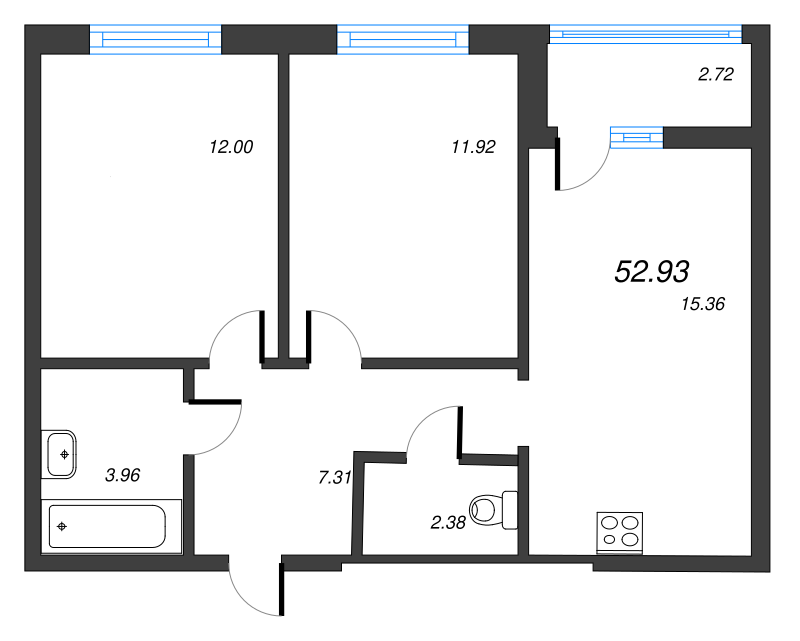 3-комнатная (Евро) квартира, 49.48 м² - планировка, фото №1