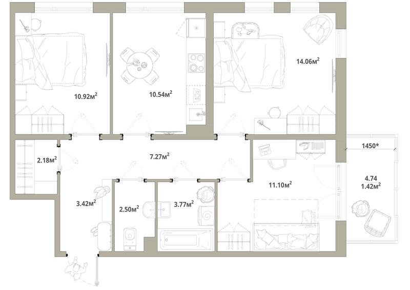3-комнатная квартира, 67.18 м² в ЖК "Тишин" - планировка, фото №1