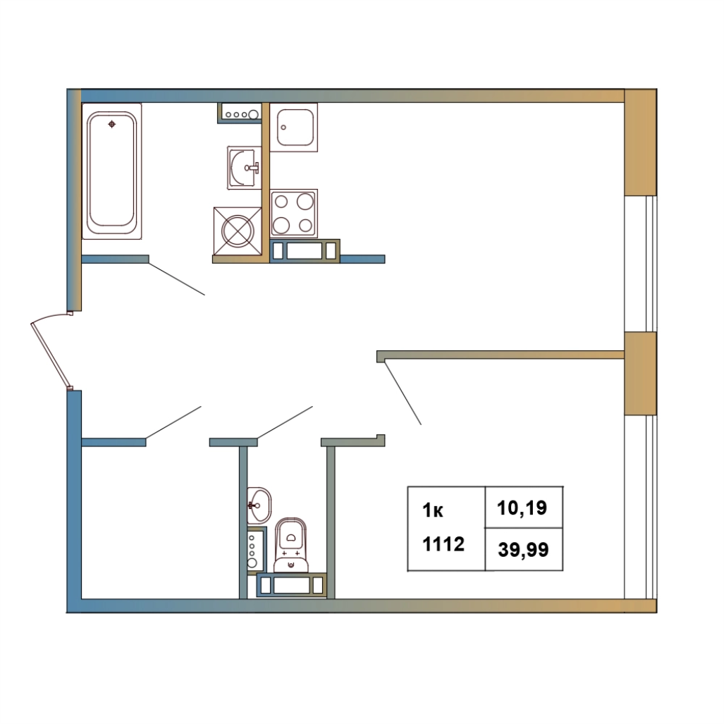1-комнатная квартира, 39.99 м² в ЖК "Атмосфера Выборга" - планировка, фото №1