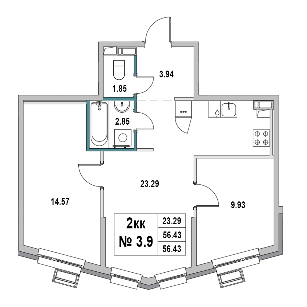 3-комнатная (Евро) квартира, 56.43 м² в ЖК "Новый Город" - планировка, фото №1