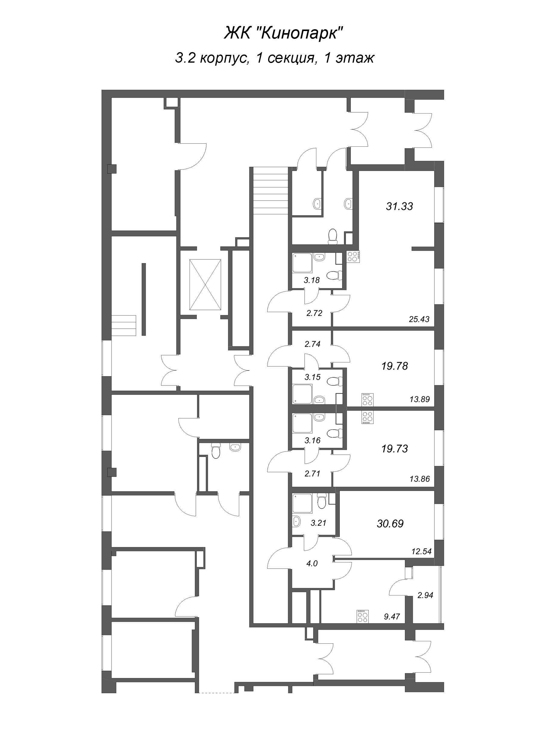 1-комнатная квартира, 30.69 м² в ЖК "Кинопарк" - планировка этажа