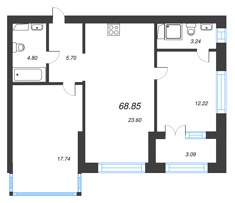 3-комнатная (Евро) квартира, 73 м² в ЖК "Наука" - планировка, фото №1