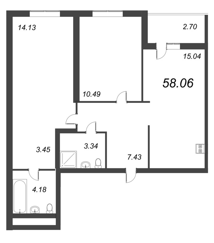 3-комнатная (Евро) квартира, 58.06 м² - планировка, фото №1