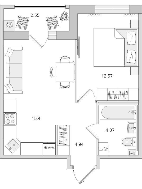 2-комнатная (Евро) квартира, 36.98 м² - планировка, фото №1