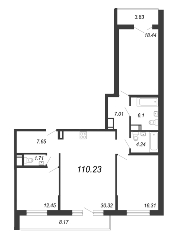 4-комнатная (Евро) квартира, 110.1 м² - планировка, фото №1