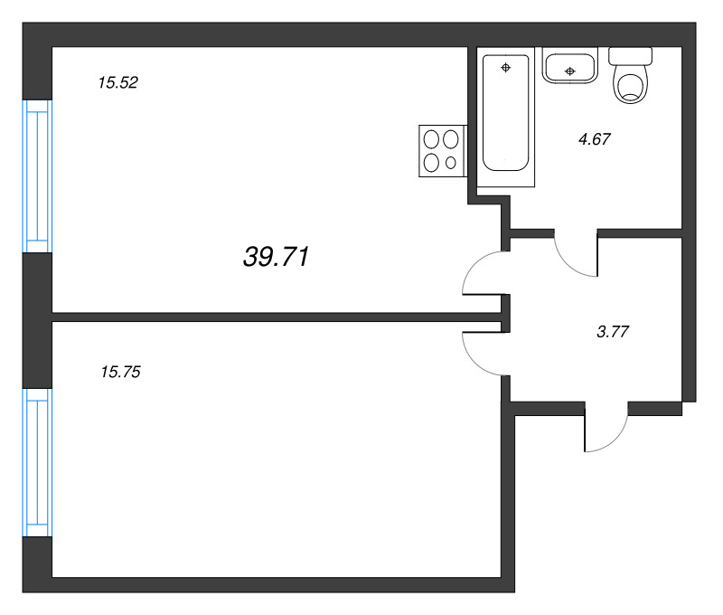 2-комнатная (Евро) квартира, 39.71 м² - планировка, фото №1