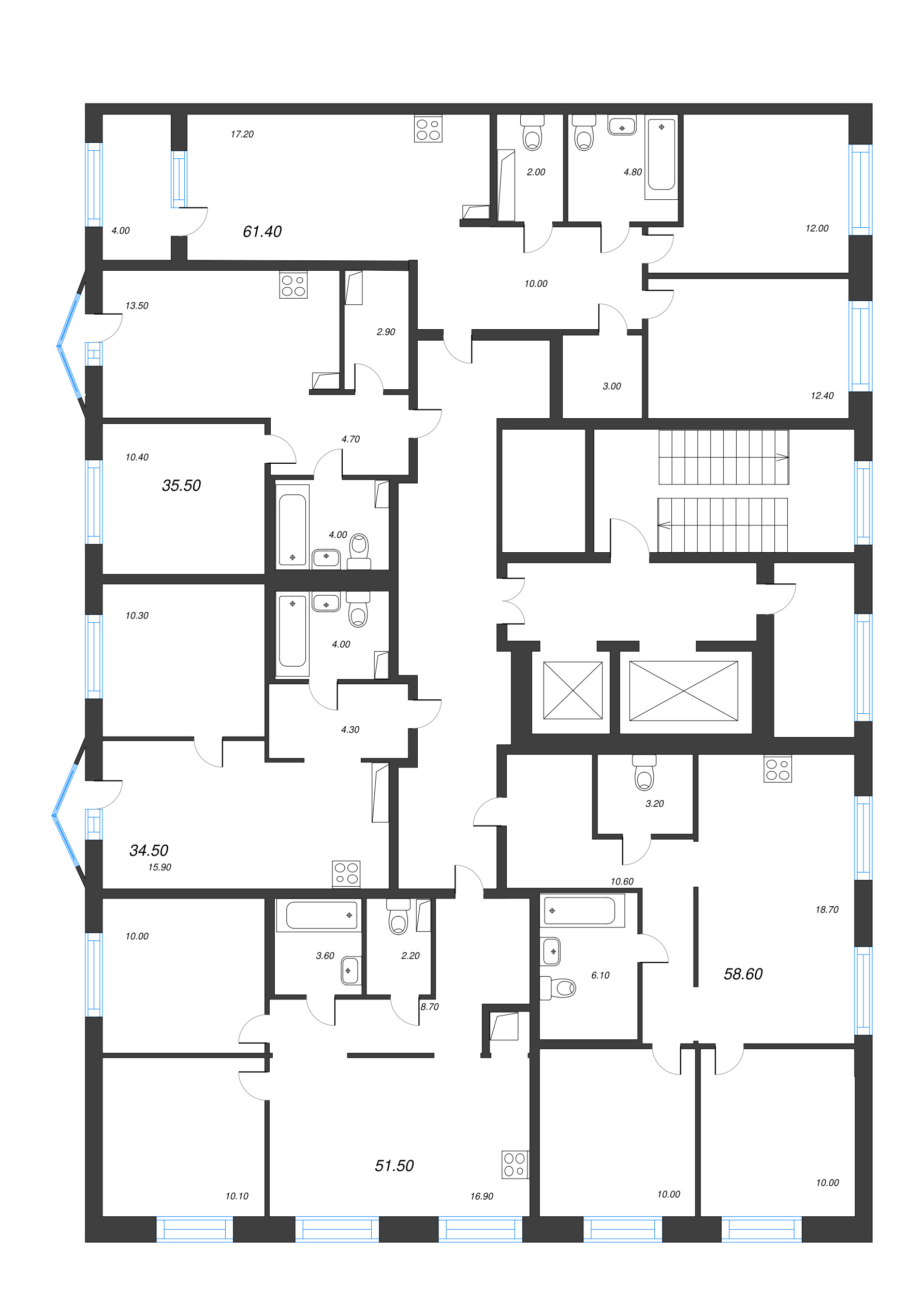 3-комнатная (Евро) квартира, 61.4 м² в ЖК "Струны" - планировка этажа