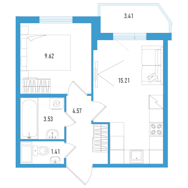 2-комнатная (Евро) квартира, 36.04 м² в ЖК "Мурино Клаб" - планировка, фото №1