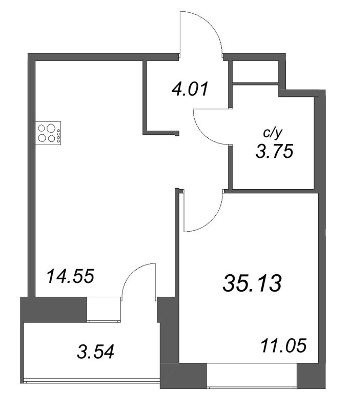 1-комнатная квартира, 35.13 м² в ЖК "Уютный" - планировка, фото №1
