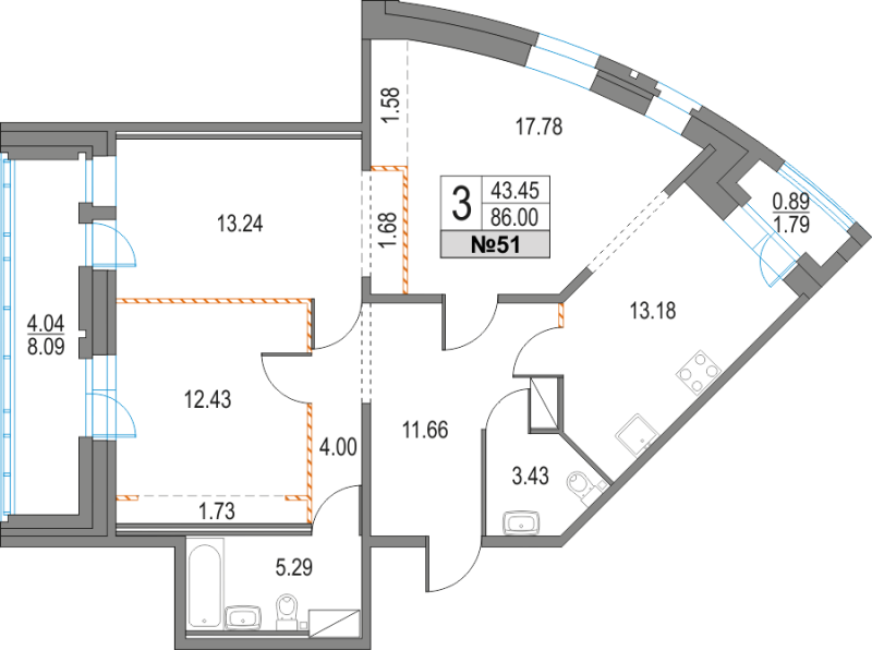 3-комнатная квартира, 86 м² в ЖК "Приморский квартал" - планировка, фото №1