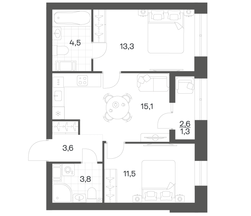 3-комнатная (Евро) квартира, 53.06 м² в ЖК "Новый Питер" - планировка, фото №1