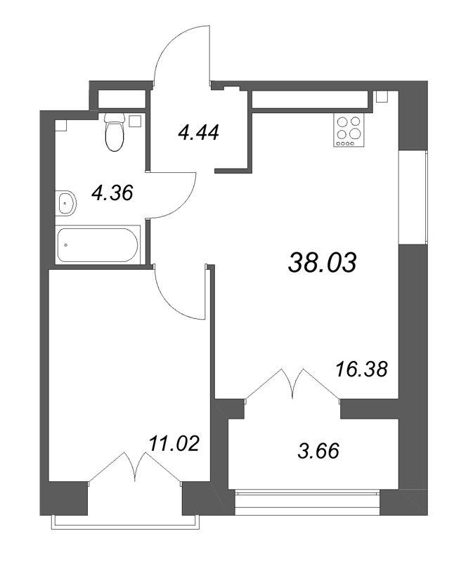 2-комнатная (Евро) квартира, 38.03 м² - планировка, фото №1