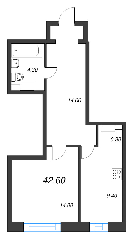 1-комнатная квартира, 46.67 м² - планировка, фото №1