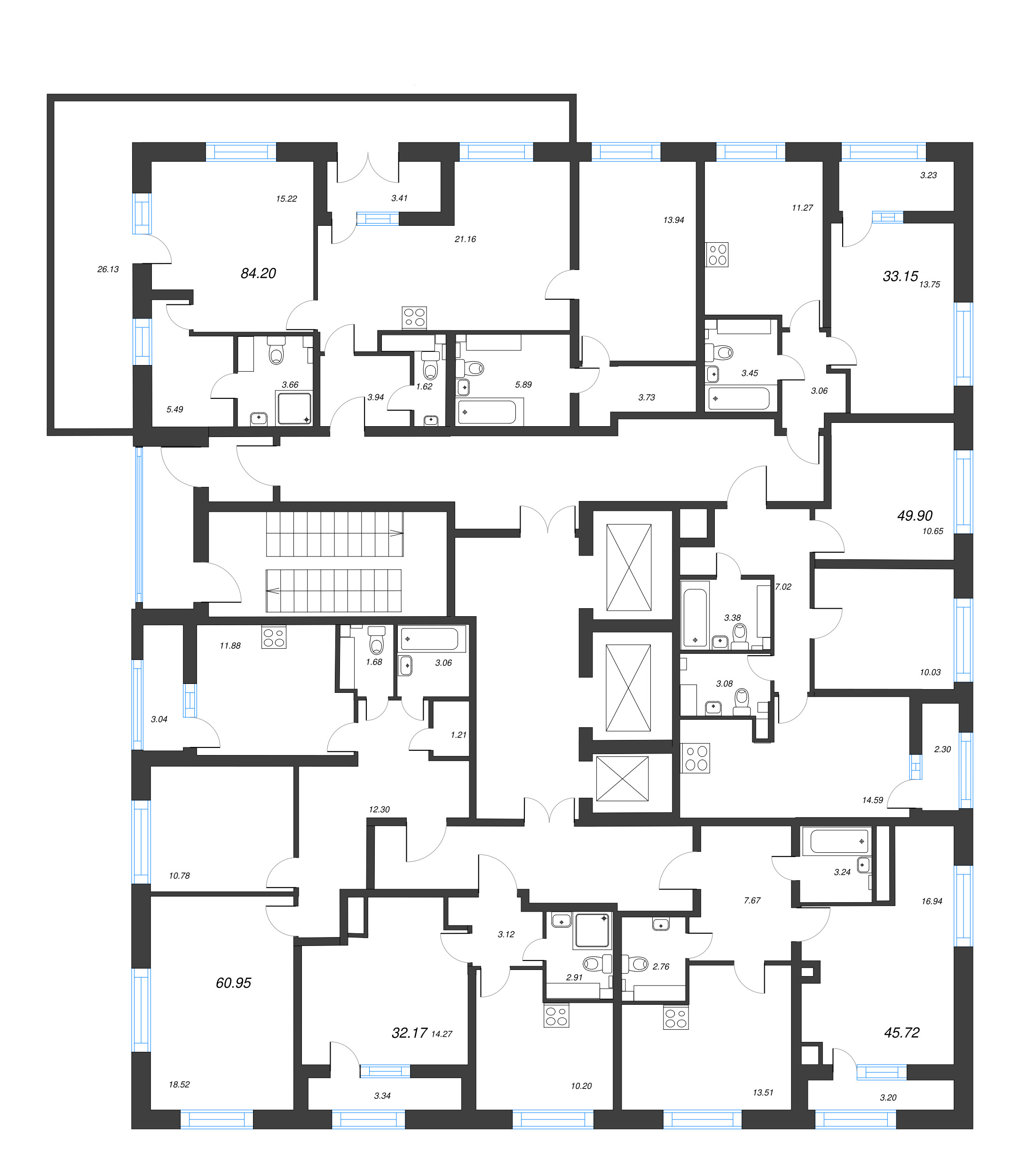3-комнатная (Евро) квартира, 84.2 м² - планировка этажа