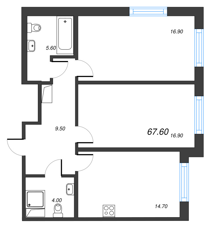 2-комнатная квартира, 67.6 м² в ЖК "Парусная 1" - планировка, фото №1