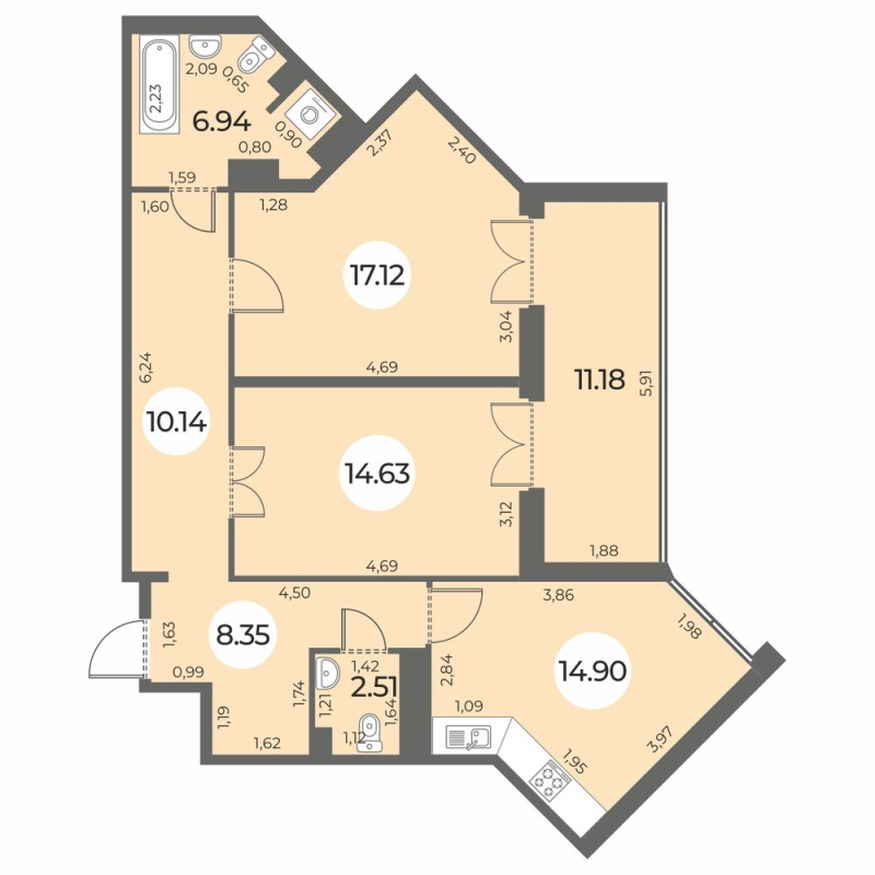 2-комнатная квартира, 80.18 м² - планировка, фото №1