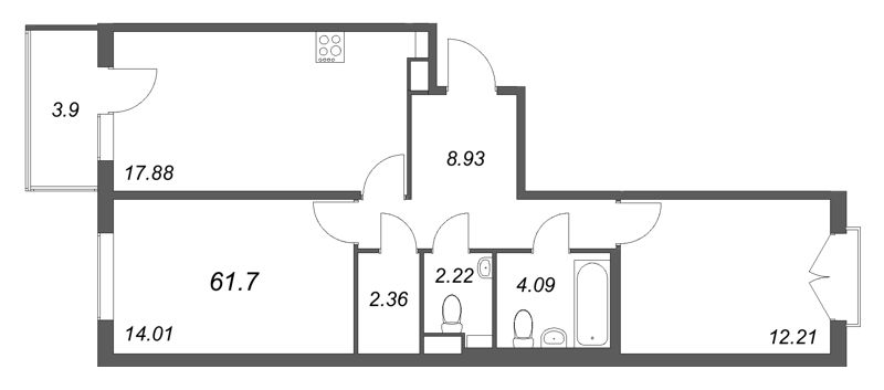3-комнатная (Евро) квартира, 61.7 м² в ЖК "Любоград" - планировка, фото №1