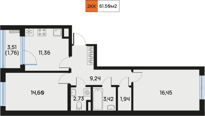2-комнатная квартира, 61.63 м² - планировка, фото №1