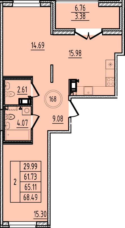 3-комнатная (Евро) квартира, 61.73 м² в ЖК "Образцовый квартал 14" - планировка, фото №1