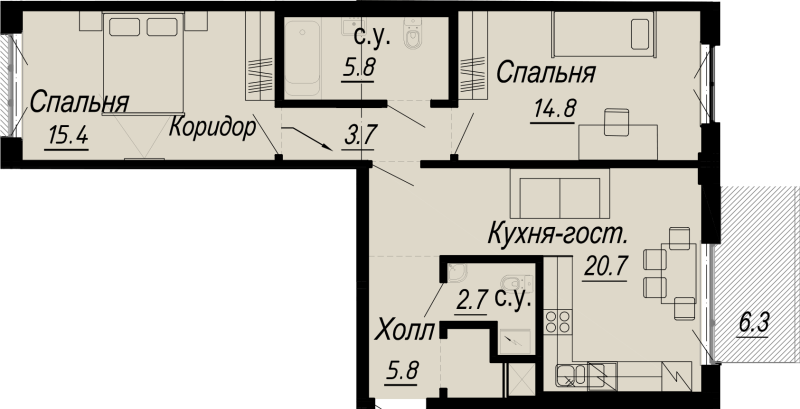 3-комнатная (Евро) квартира, 70.7 м² - планировка, фото №1