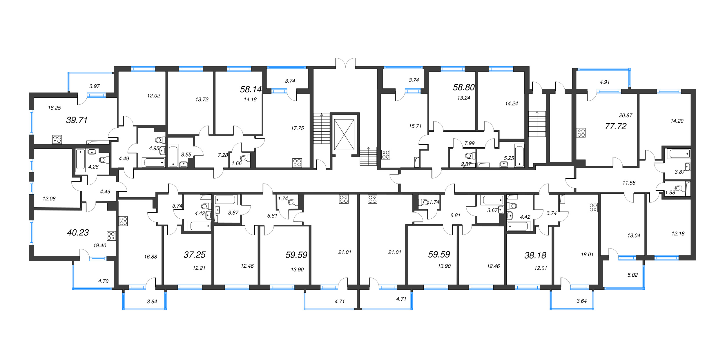 3-комнатная (Евро) квартира, 58.8 м² - планировка этажа