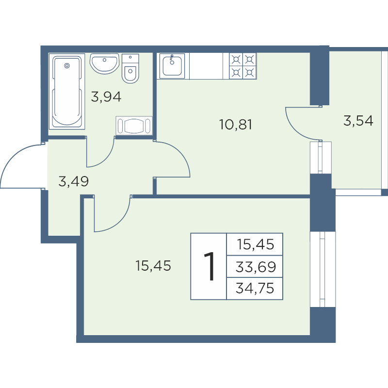 1-комнатная квартира, 34.75 м² в ЖК "Новый Лесснер" - планировка, фото №1