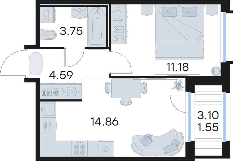 1-комнатная квартира, 35.93 м² в ЖК "GloraX Парголово" - планировка, фото №1