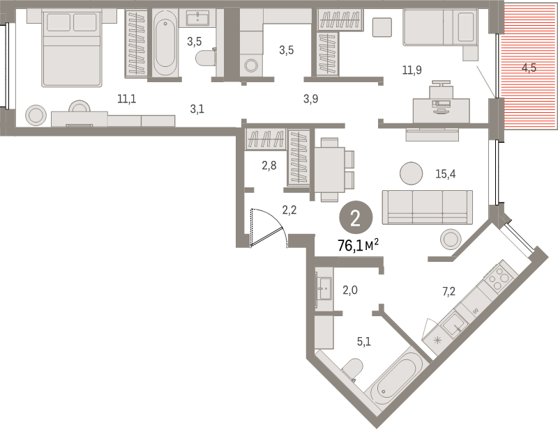 3-комнатная (Евро) квартира, 75.8 м² в ЖК "Северный ветер" - планировка, фото №1