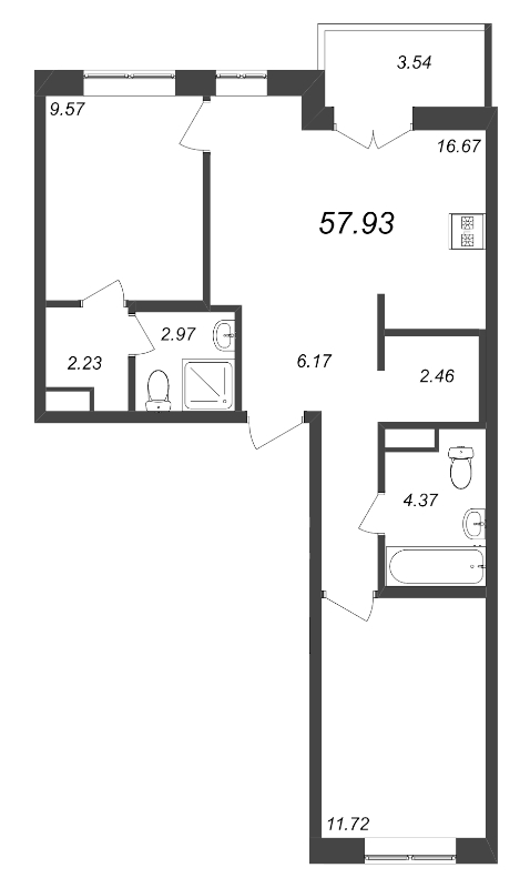 3-комнатная (Евро) квартира, 57.93 м² - планировка, фото №1