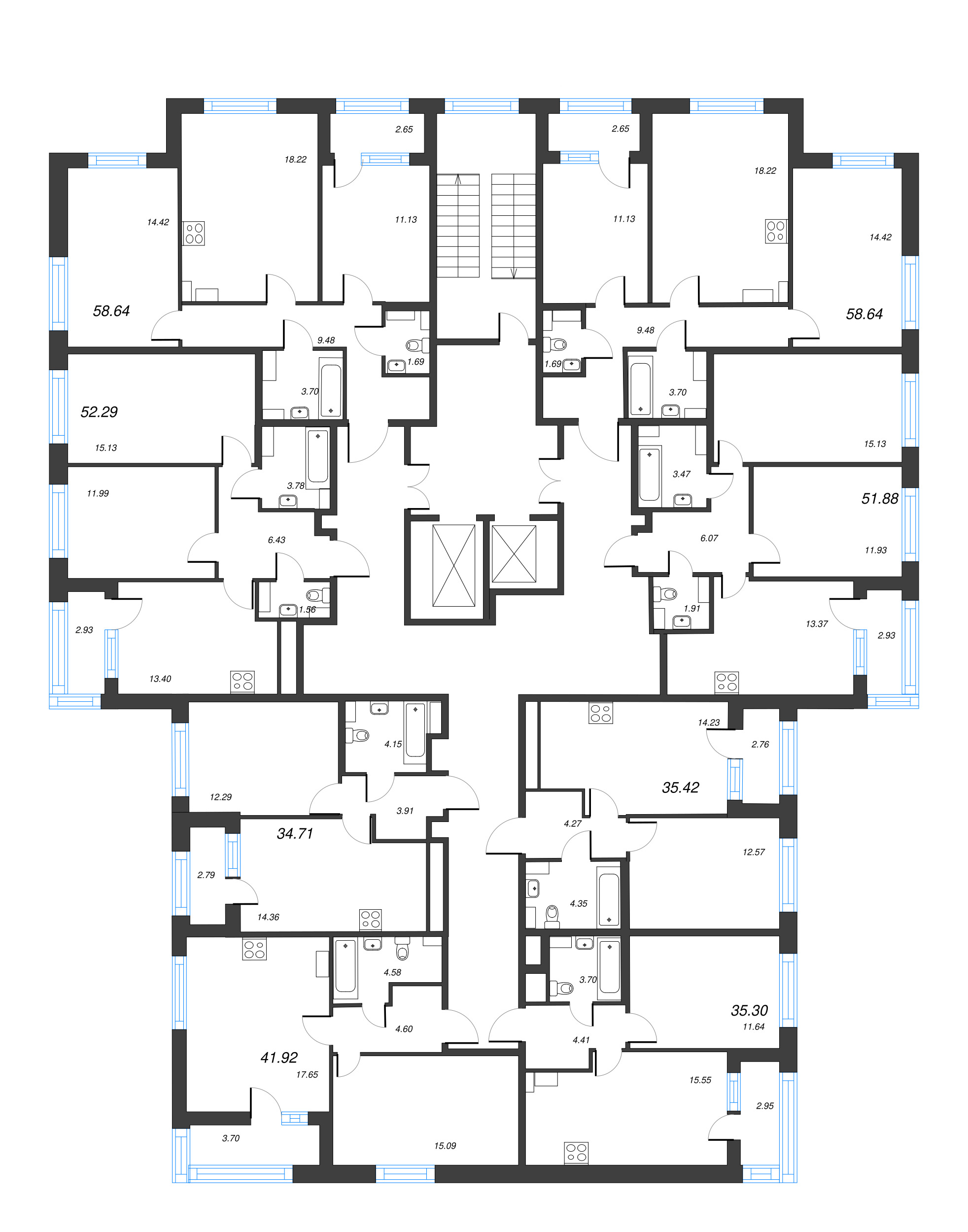 3-комнатная (Евро) квартира, 58.64 м² - планировка этажа