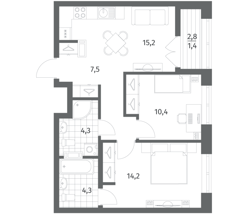 2-комнатная квартира, 57.26 м² в ЖК "NewПитер 2.0" - планировка, фото №1