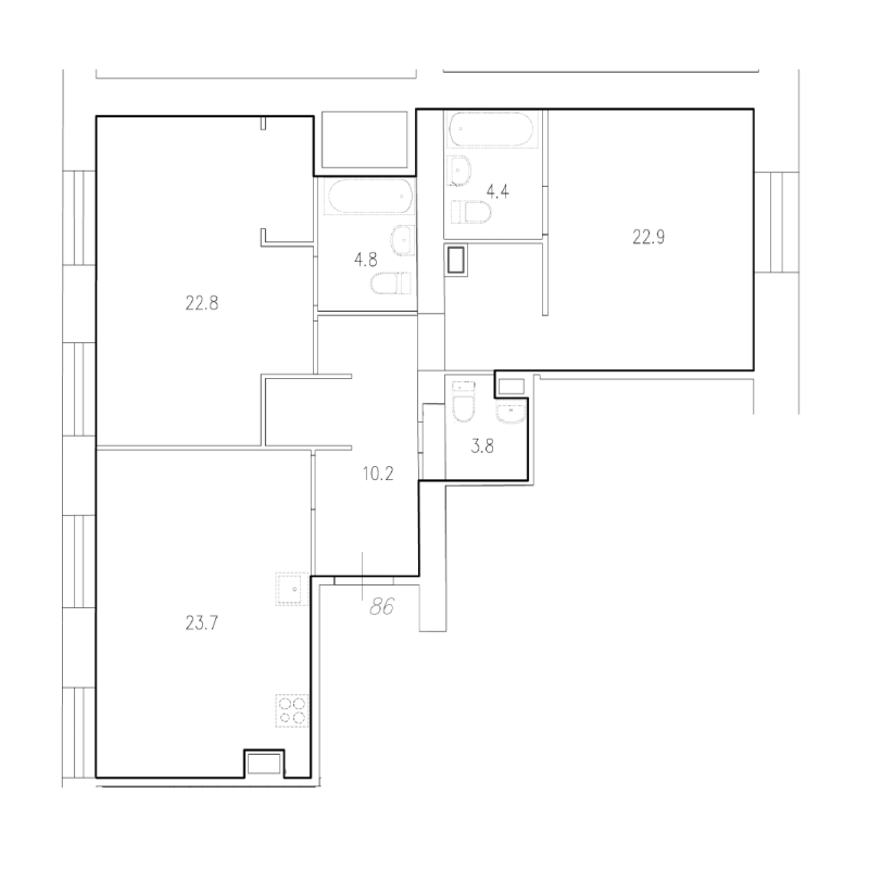 3-комнатная (Евро) квартира, 92.6 м² в ЖК "Мадонна Бенуа" - планировка, фото №1