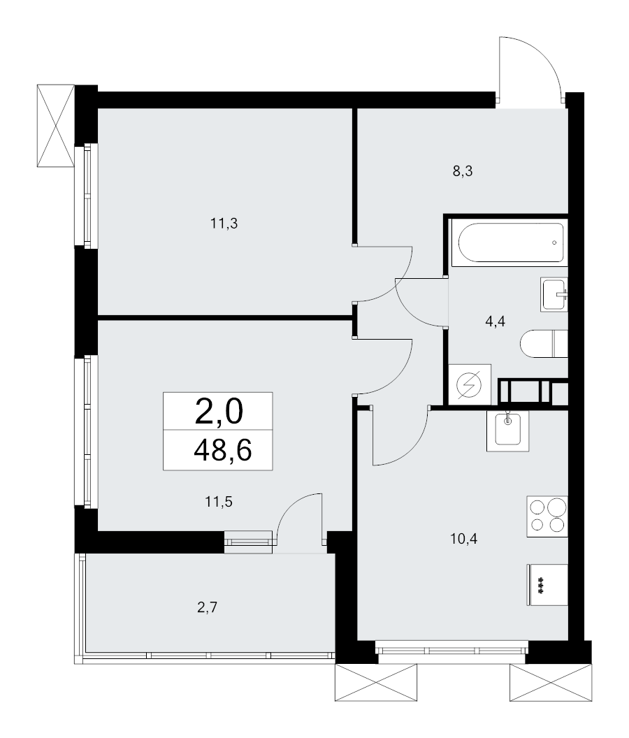 2-комнатная квартира, 48.6 м² - планировка, фото №1