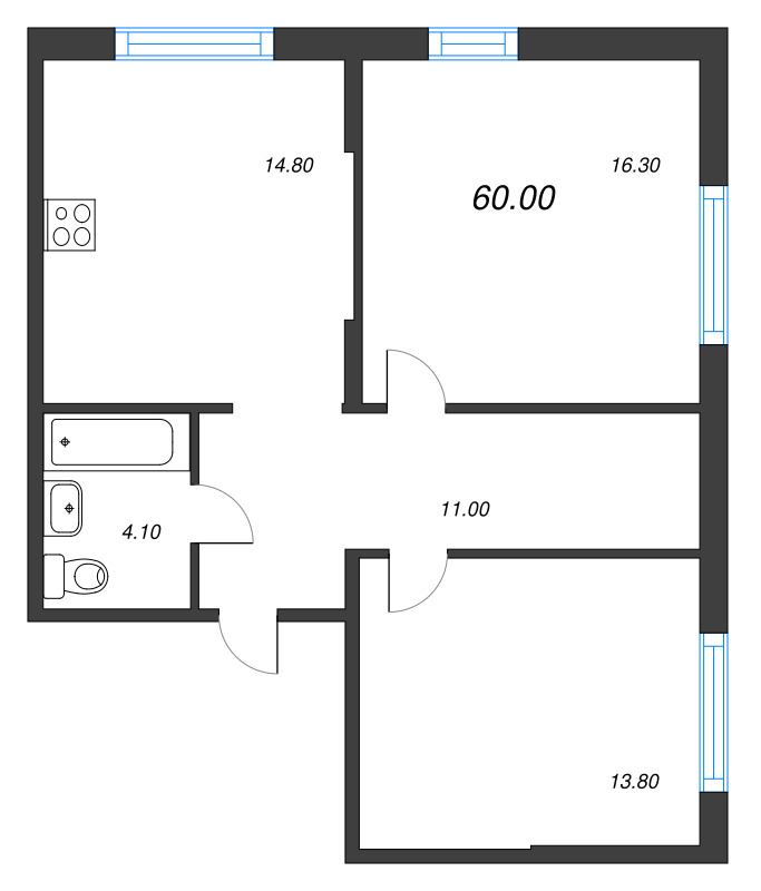 2-комнатная квартира, 60 м² в ЖК "Ягодное Река Парк" - планировка, фото №1