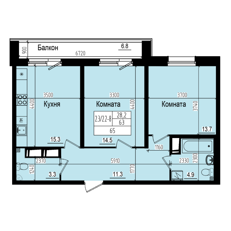 3-комнатная (Евро) квартира, 65 м² - планировка, фото №1