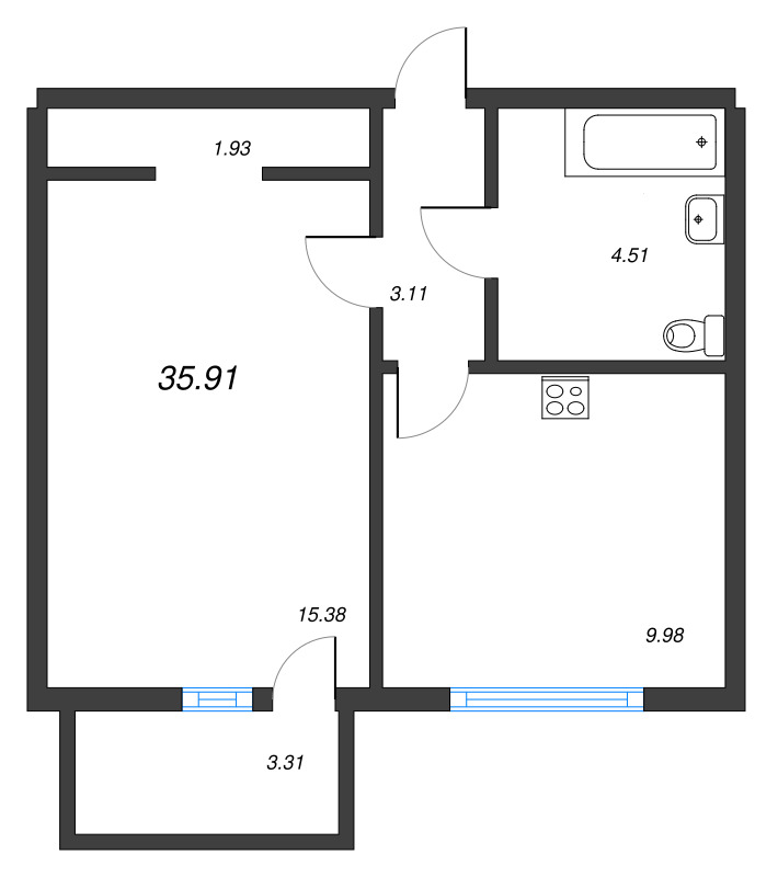 1-комнатная квартира, 35.91 м² - планировка, фото №1