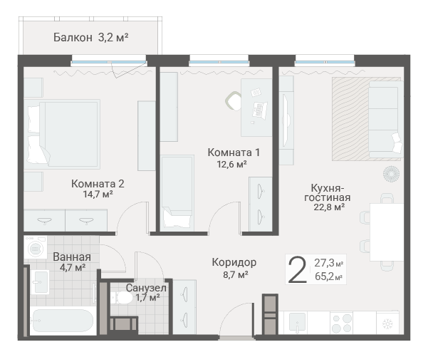 3-комнатная (Евро) квартира, 65.2 м² в ЖК "Руднева 15" - планировка, фото №1