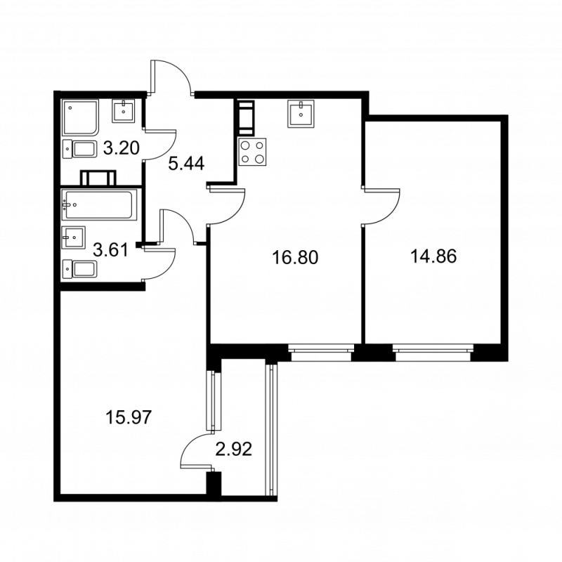 3-комнатная (Евро) квартира, 61.34 м² в ЖК "Квартал Заречье" - планировка, фото №1