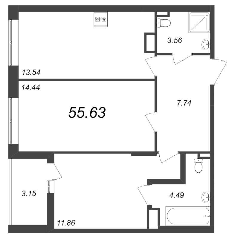 2-комнатная квартира, 55.63 м² - планировка, фото №1